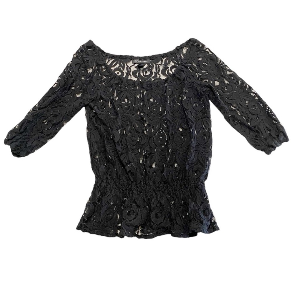 INC Black Lace 3/4 Sleeve Gathered Waist Top Size Petite Small Dressy HSH